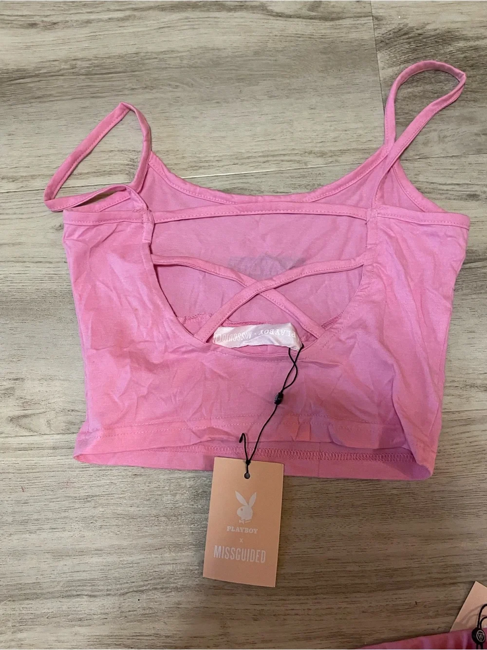 Missguided x PLAYBOY Pink Spaghetti-Strap Crop Top & High-Waist Bike Shorts set